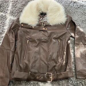 Vici Brown Leather Jacket with Cream Fur Collar